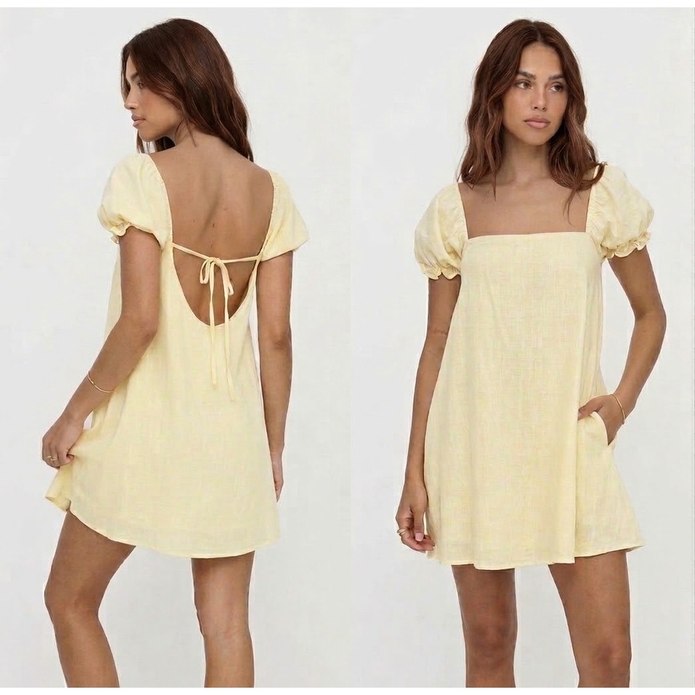 Princess Polly Pale Yellow Beyond Linen Blend Puff Sleeve Back Tie Mini Dress 2